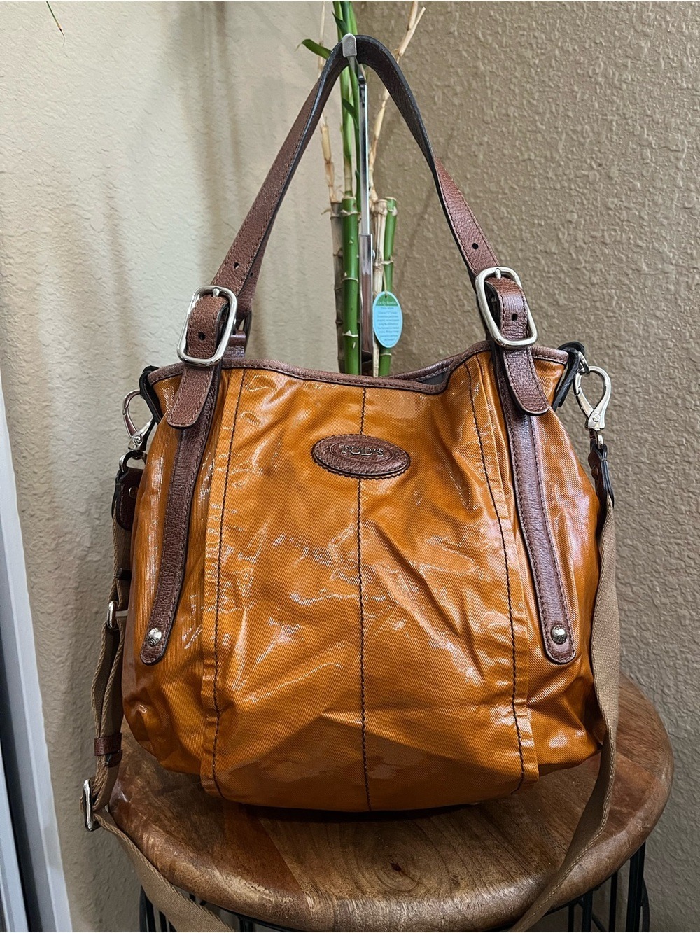 TOD’s BURNT ORANGE LAMINATED CANVAS AND LEATHER CONVERTIBLE TOTE